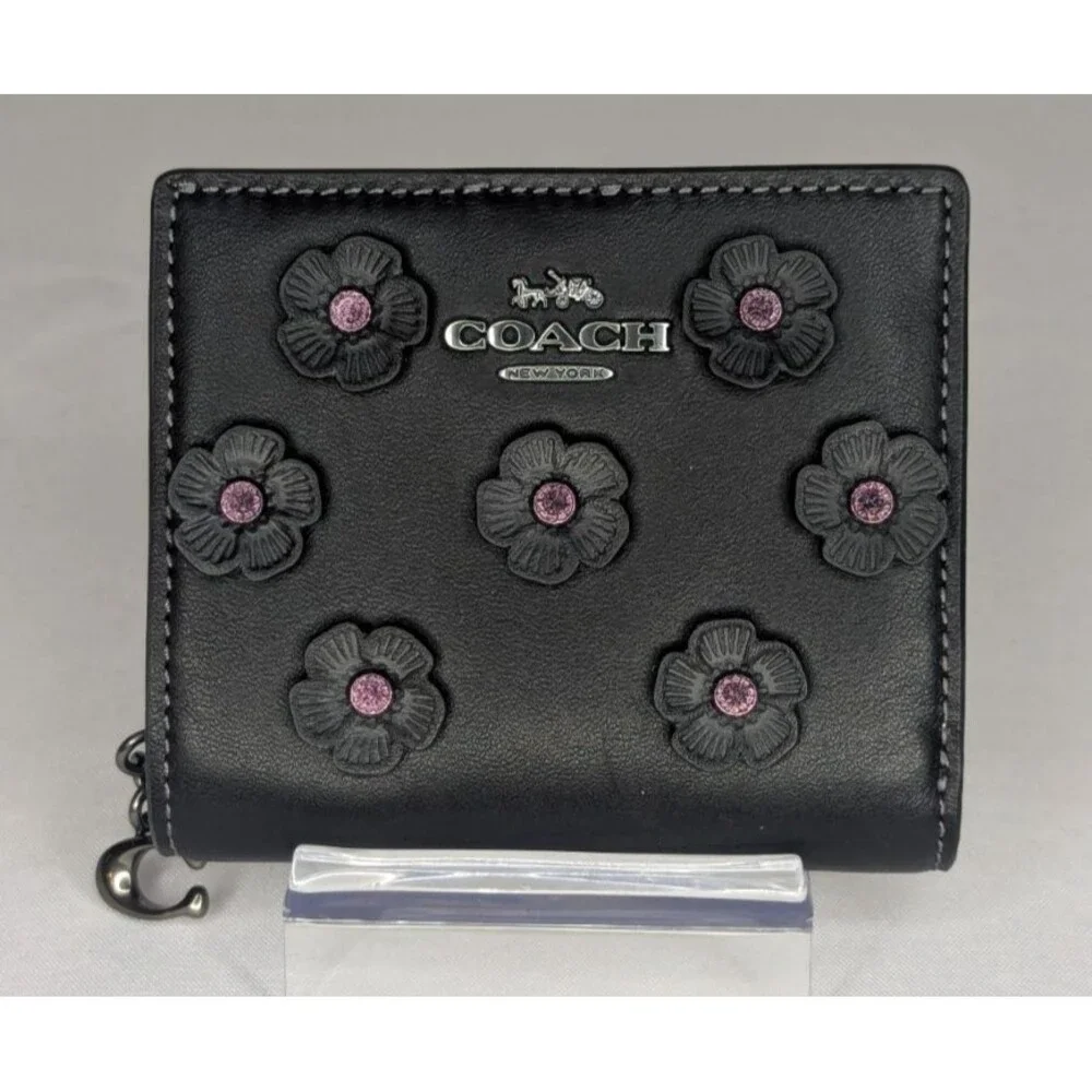 Coach Snap Wallet with Floral Applique - Black, Pink Rivets, Gunmetal, NWT